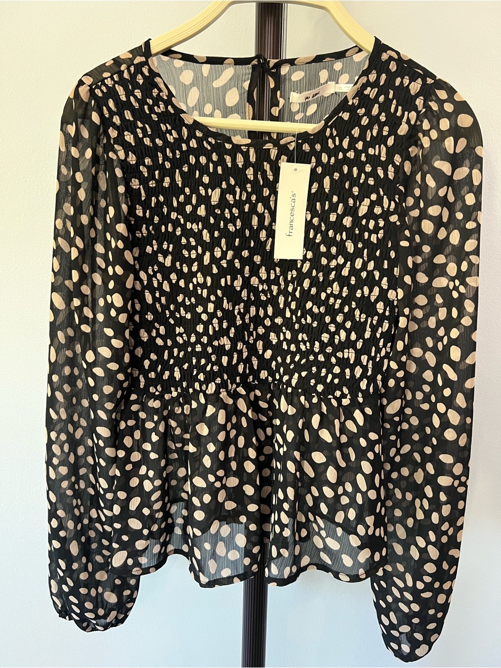 Francesca's Collections Black Sheer Smocked Dot Blouse with Cream Spots